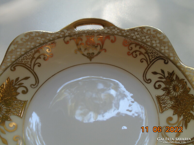 NORITAKE luxus japán porcelán ,aranybrokát virágkosár mintával, füles, négyszögletes dísztál
