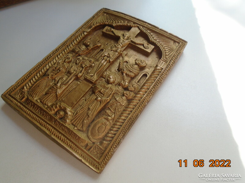 Antique gold gold interesting relief relief of Christ on the cross, Cyrillic inscription