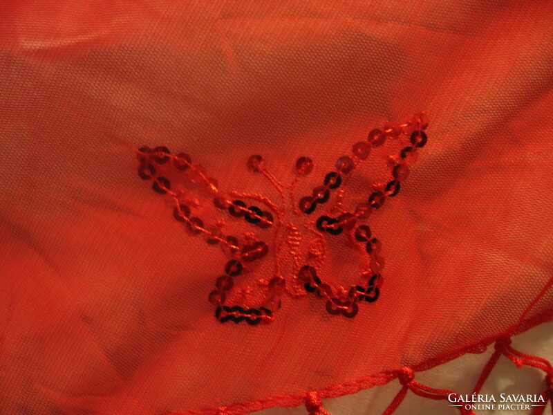 Piros, flitterrel hímzett pillangós rojtos váll kendő, hastáncos kendő