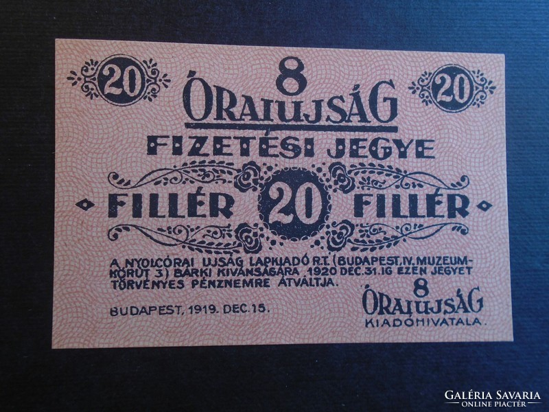 17 10  HUNGARY  -  20 Fillér 1919  -  8 ÓRAI UJSÁG   szükségpénz