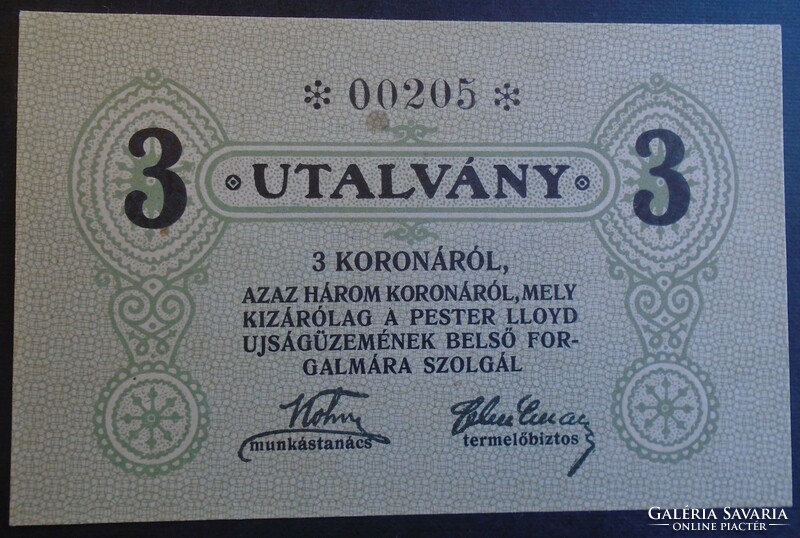 17 3 -  Régi bankjegy  - 3 korona 1919 Pester Lloyd  UNC