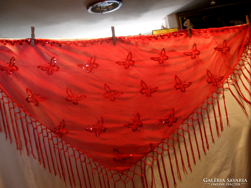 Red butterfly fringed shoulder scarf embroidered with sequins, belly dancing scarf