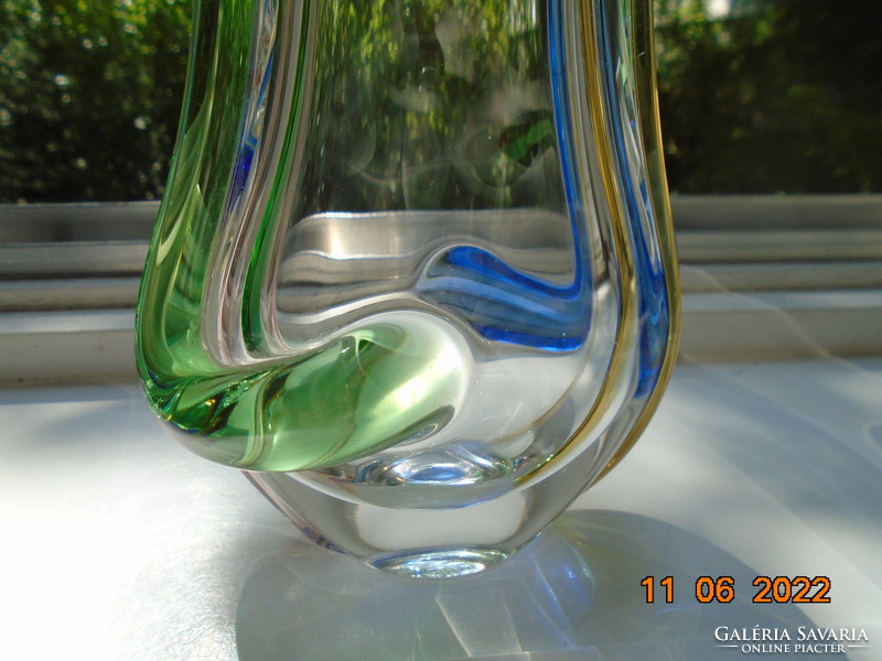 Mid century sklo union heavy flat vase with 4 colored embossed glass stems and polished soles