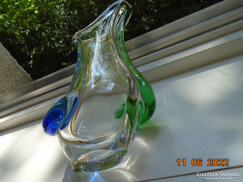 MID CENTURY SKLO UNION nehéz lapos váza 4 színes dombor üveg szárral, csiszolt talppal