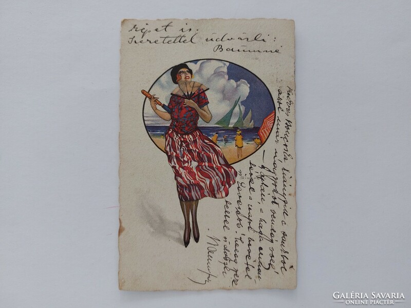 Régi képeslap 1925 művészeti art deco Degami levelezőlap hölgy vitorlás hajók strand