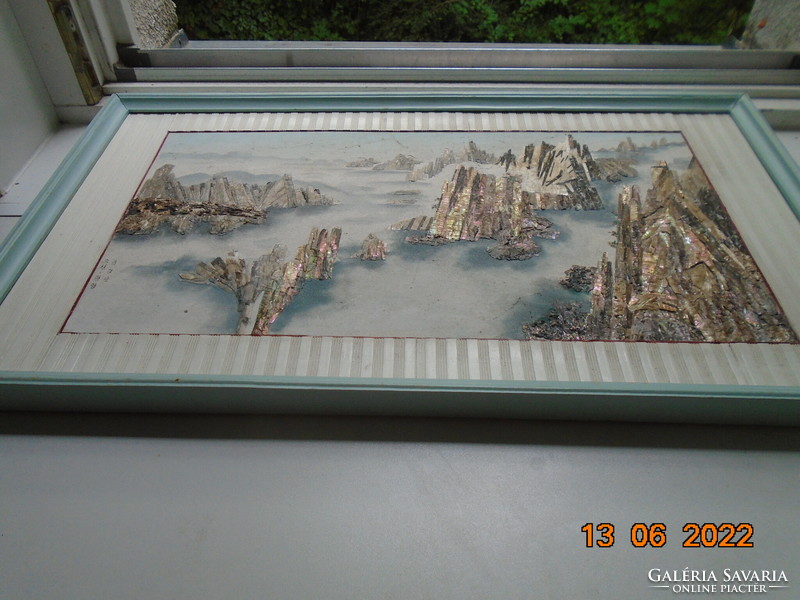 Chinese high mountain landscape in fog, inlaid with mother-of-pearl shoulder blades