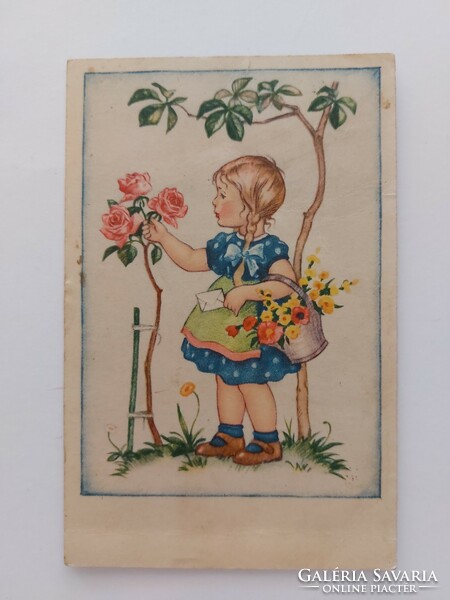 Régi képeslap 1950 rajzos levelezőlap kislány rózsa