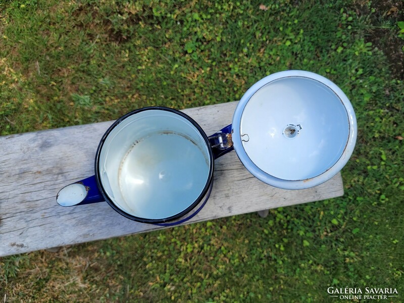 Old vintage blue enameled large teapot with enameled spout