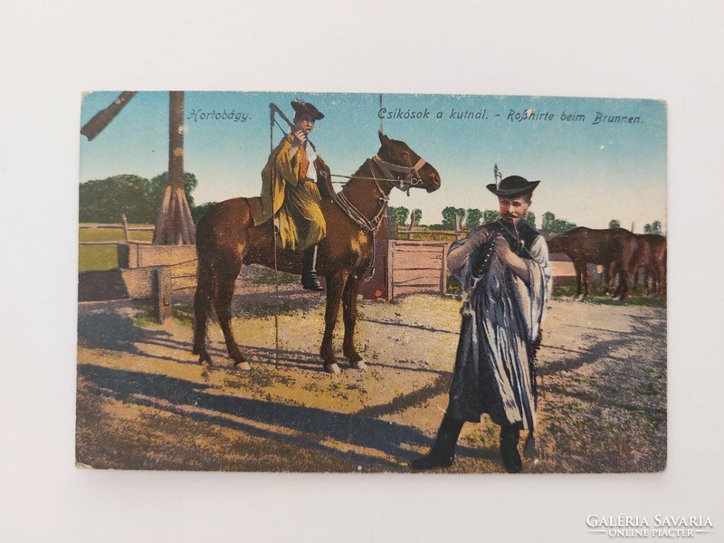 Régi képeslap 1918 lovak fotó levelezőlap Hortobágy csikósok a kútnál