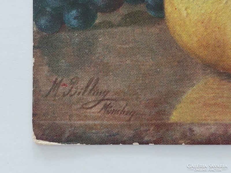 Régi képeslap 1916 művészeti levelezőlap M. Billing csendélet szőlő körte