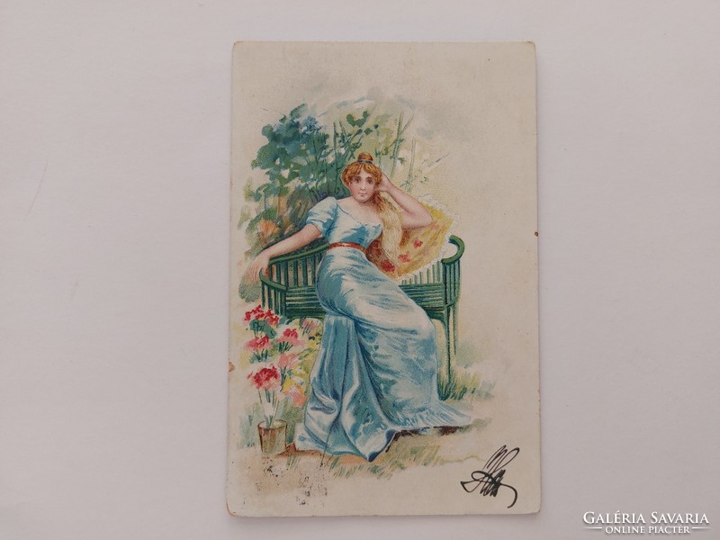 Old postcard 1900 art postcard lady on bench