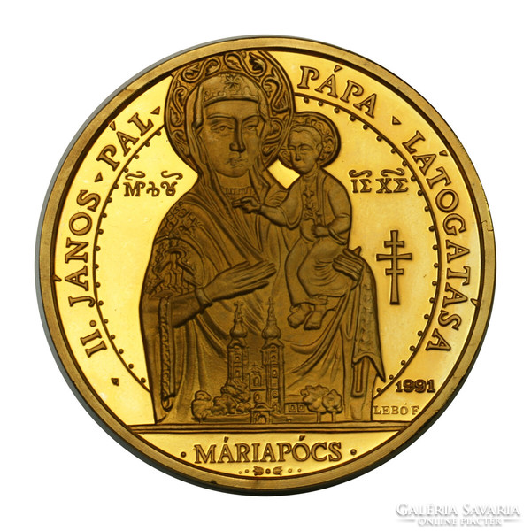 II. Pope John Paul's visit to Máriapócs 1991 piedfort medal 65mm gold plated