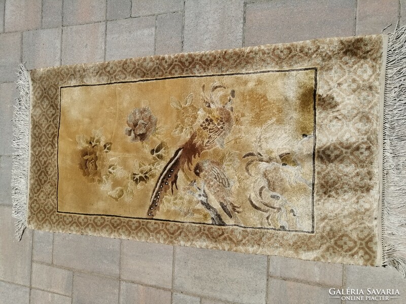 Kézi csomózású Kínai﻿ figurális madaras selyem szőnyeg. Alkudható!