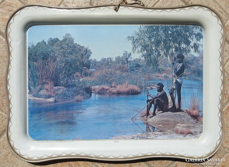 Antique Australian Enamel Metal Tray - Tin Tray - Indigenous Fishing