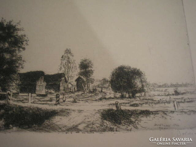 István Boldizsár, village end of Kunság farm with bridge 1960 signed coca etching 40 x 27 cm in cardboard mount