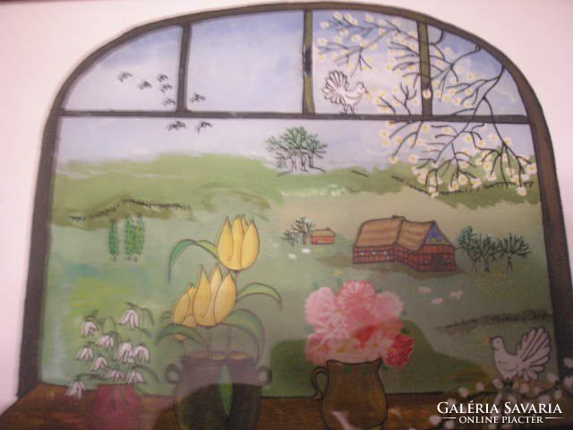 Német festőnő-től 3 db jelzett  üveglapos akvarell kép szoba ablakból festve