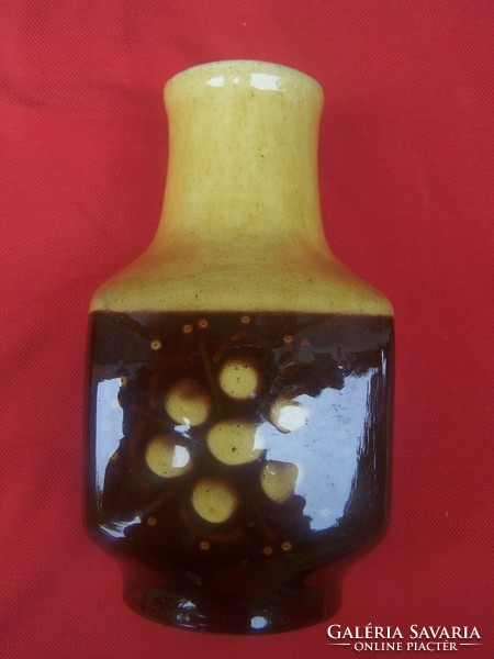 Rare! Square ceramic vase with stylized floral motif, yellow and brown glaze