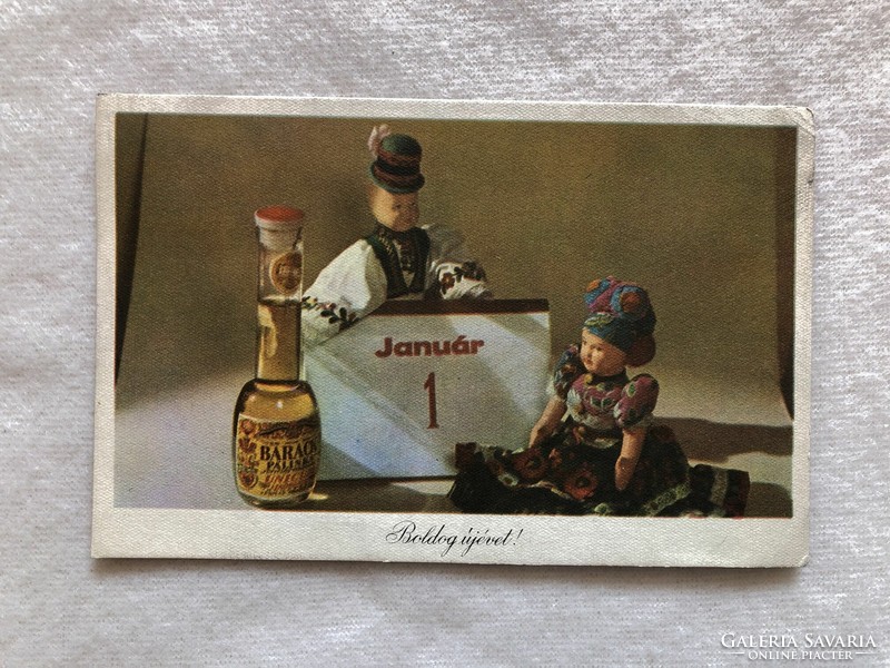 Old New Year's card, Matyó doll, pálinka