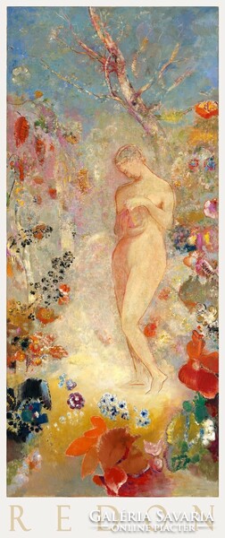Odilon redon pandora 1914 painting art poster, standing female nude under colorful flowers under tree