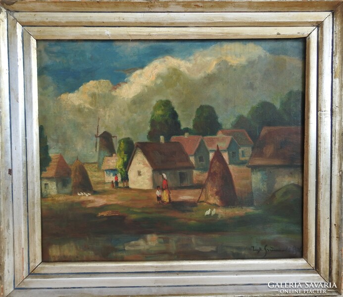 Béla Iványi Grünwald oil / canvas painting - on the village