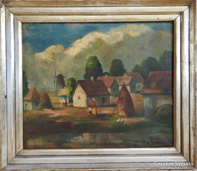 Béla Iványi Grünwald oil / canvas painting - on the village