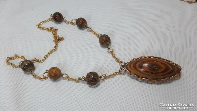 Vintage inlaid wood decorated long necklace