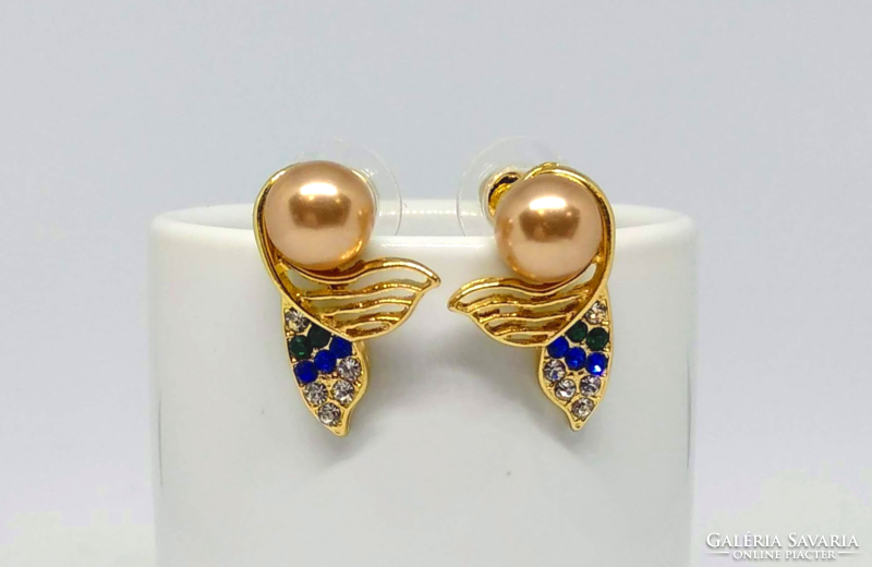 Mermaid gold-plated pearl earrings with colored crystals
