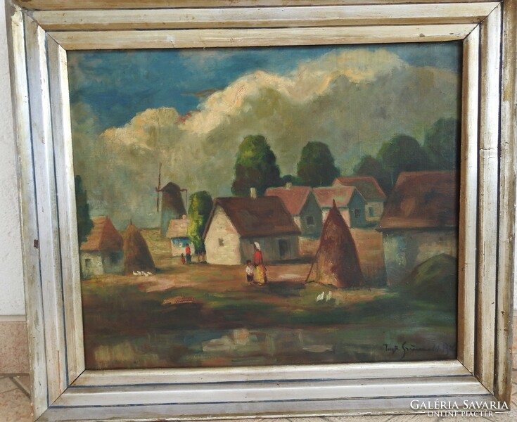 Béla Iványi Grünwald oil / canvas painting - on the village