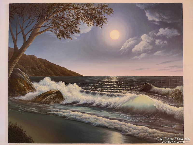 Oil painting: moonlit beach