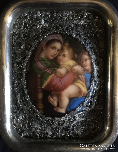 Xix.Sz.I. Hand-painted porcelain miniature in silver-plated frame!
