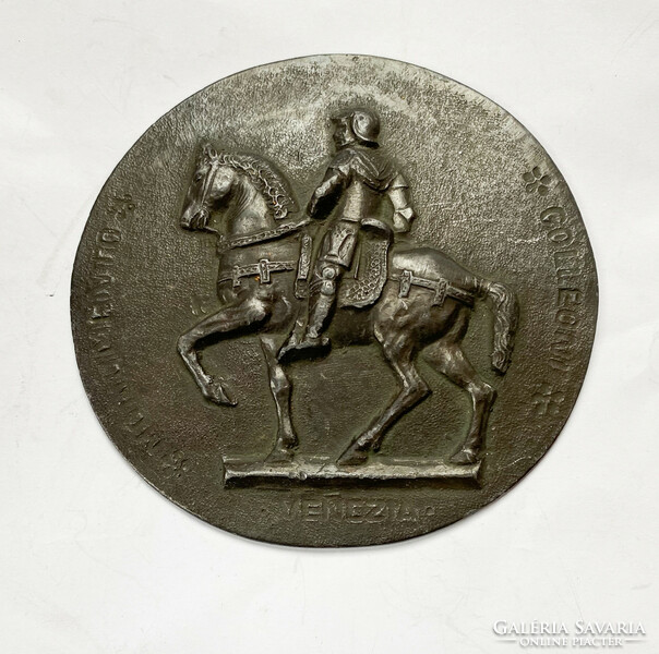 Equestrian statue of Bartolomeo Colleoni, Venetian tin wall plaque, old, marked.