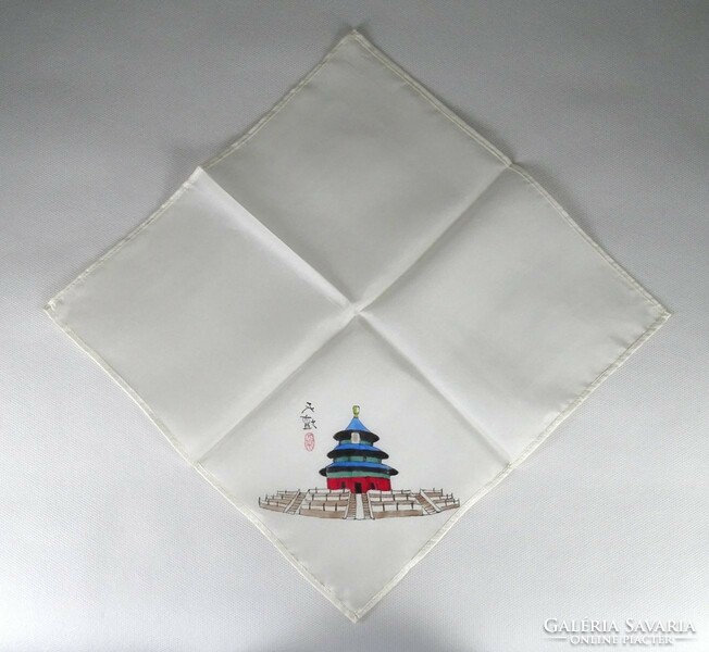 1J528 Chinese Pagoda Hand Painted Silk Shawl 27.5 X 27.5 Cm