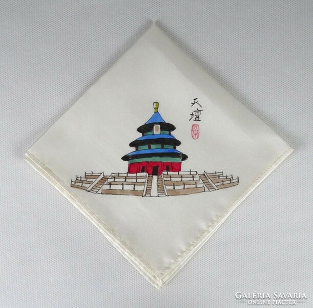 1J528 Chinese Pagoda Hand Painted Silk Shawl 27.5 X 27.5 Cm