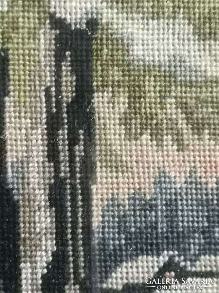 Antique needle tapestry landscape in gold blondel frame 30 x 24 cm