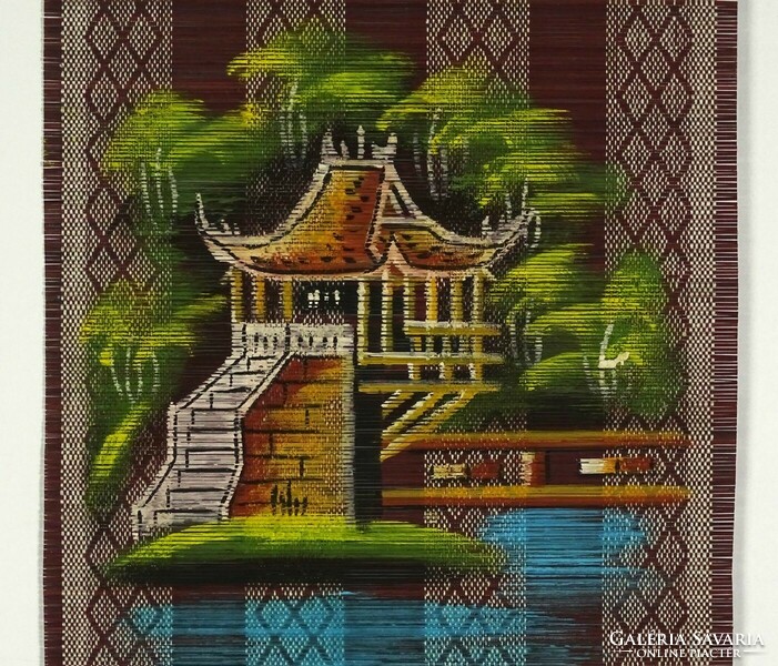 1J527 Hatalmas pagodás vietnámi gyékény fali dísz 104 x 30 cm