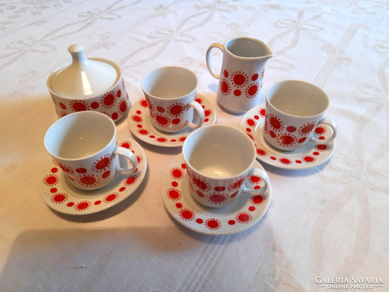 Retro Alföldi porcelán, piros mintás kávés készlet