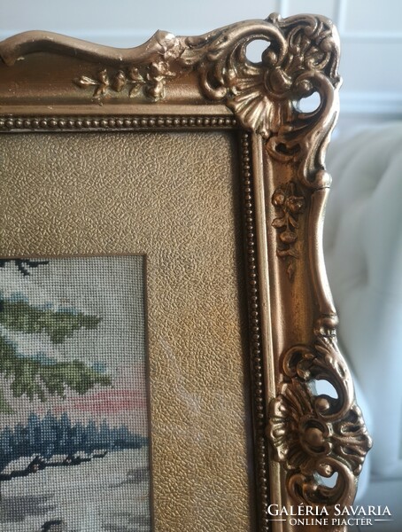 Antique needle tapestry landscape in gold blondel frame 30 x 24 cm