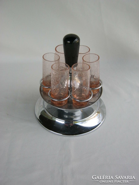 Retro ... Karcagi Berekfürdői színes fátyolüveg repesztett üveg pohár készlet fém tálcával
