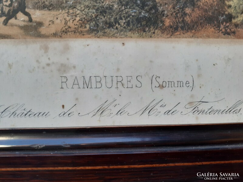 Antik litográfia, színezett rézkarc a francia Rambures kastélyáról