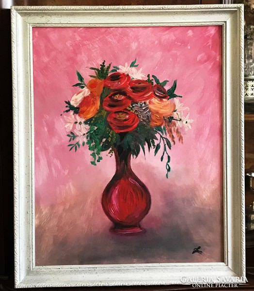 Oil painting on wood, realistic still life in a slightly modern style in a silver wooden frame