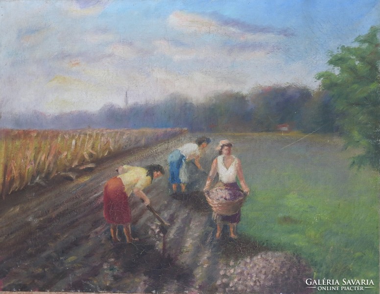 Unknown painter - work in the fields - oil / burlap antique painting