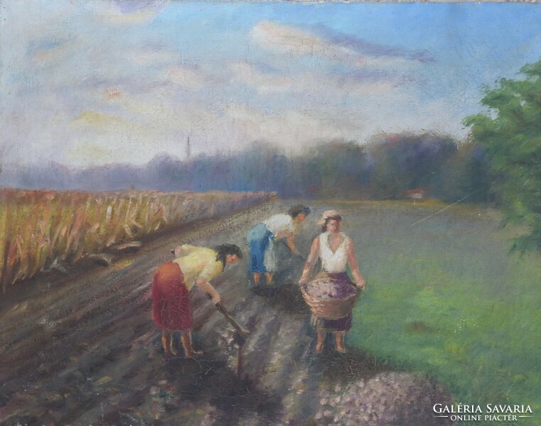 Unknown painter - work in the fields - oil / burlap antique painting