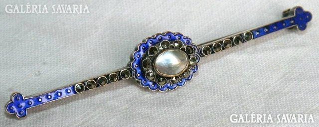 Antique silver marcasite with mother of pearl and enamel ornament.Bross