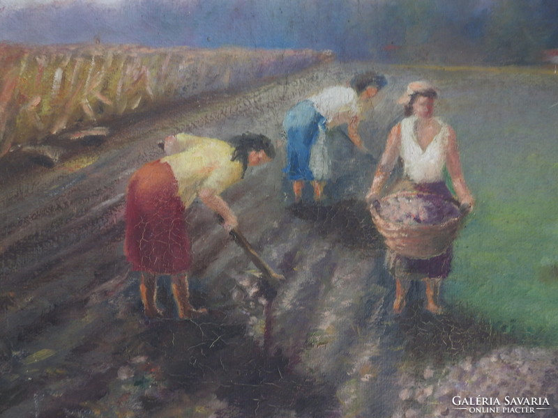 Unknown painter - work in the fields - oil / burlap antique painting