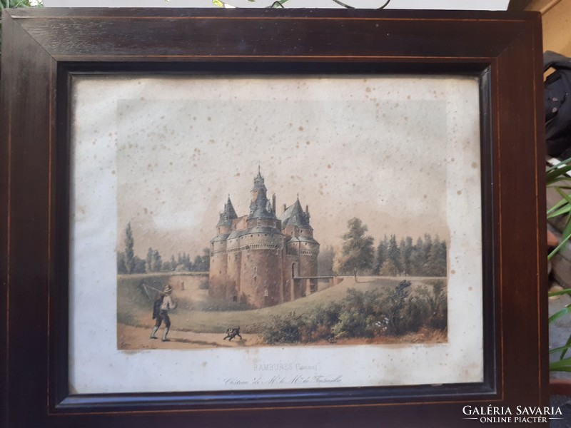 Antique lithograph, colored etching of the French rambures castle