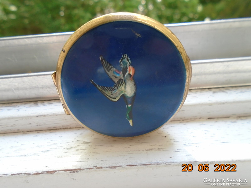 Flying wild duck on enameled lid, gilded english stratton vintage pill box