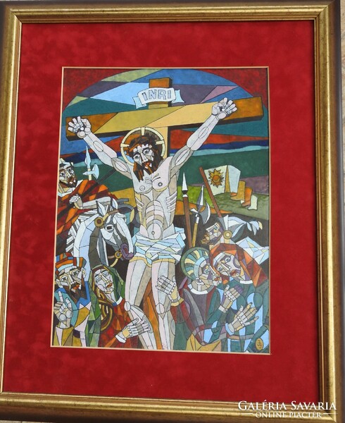 Józsa joános fire enamel picture - christ on the cross 30 cm x 40 cm + frame