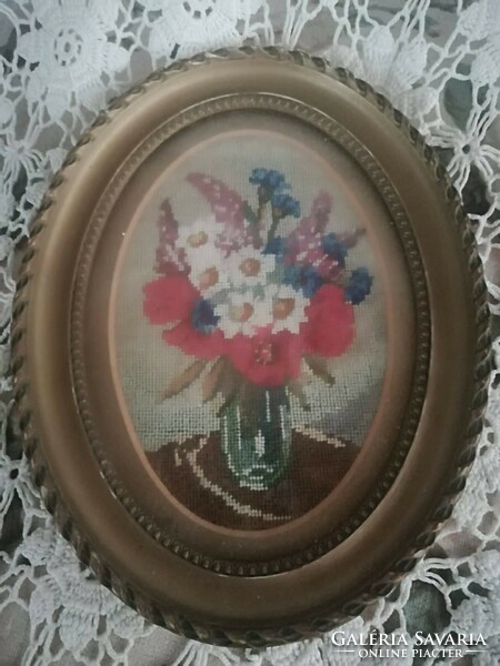 Beautiful antique micro hand tapestry pair in oval old frame