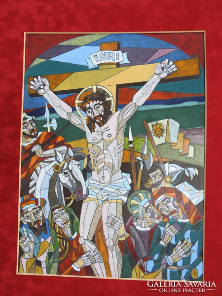 Józsa János tűzzománc kép - Krisztus a kereszten 30 cm X 40 cm + keret