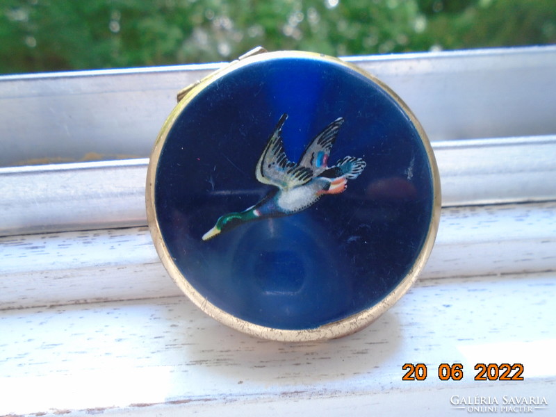 Flying wild duck on enameled lid, gilded english stratton vintage pill box